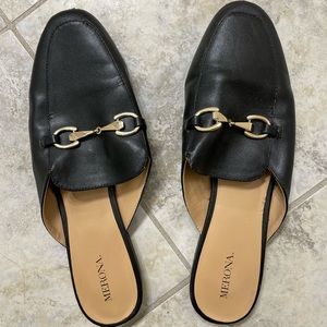 Black Faux Leather Loafer Mules Slides with Gold Horsebit Detail